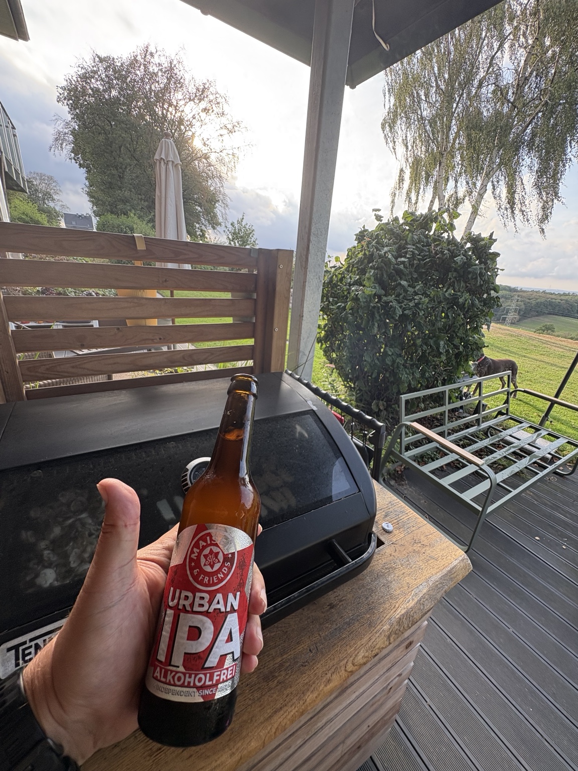 Maisel & Friends Urban IPA alkoholfrei vor der Outdoor-Küche